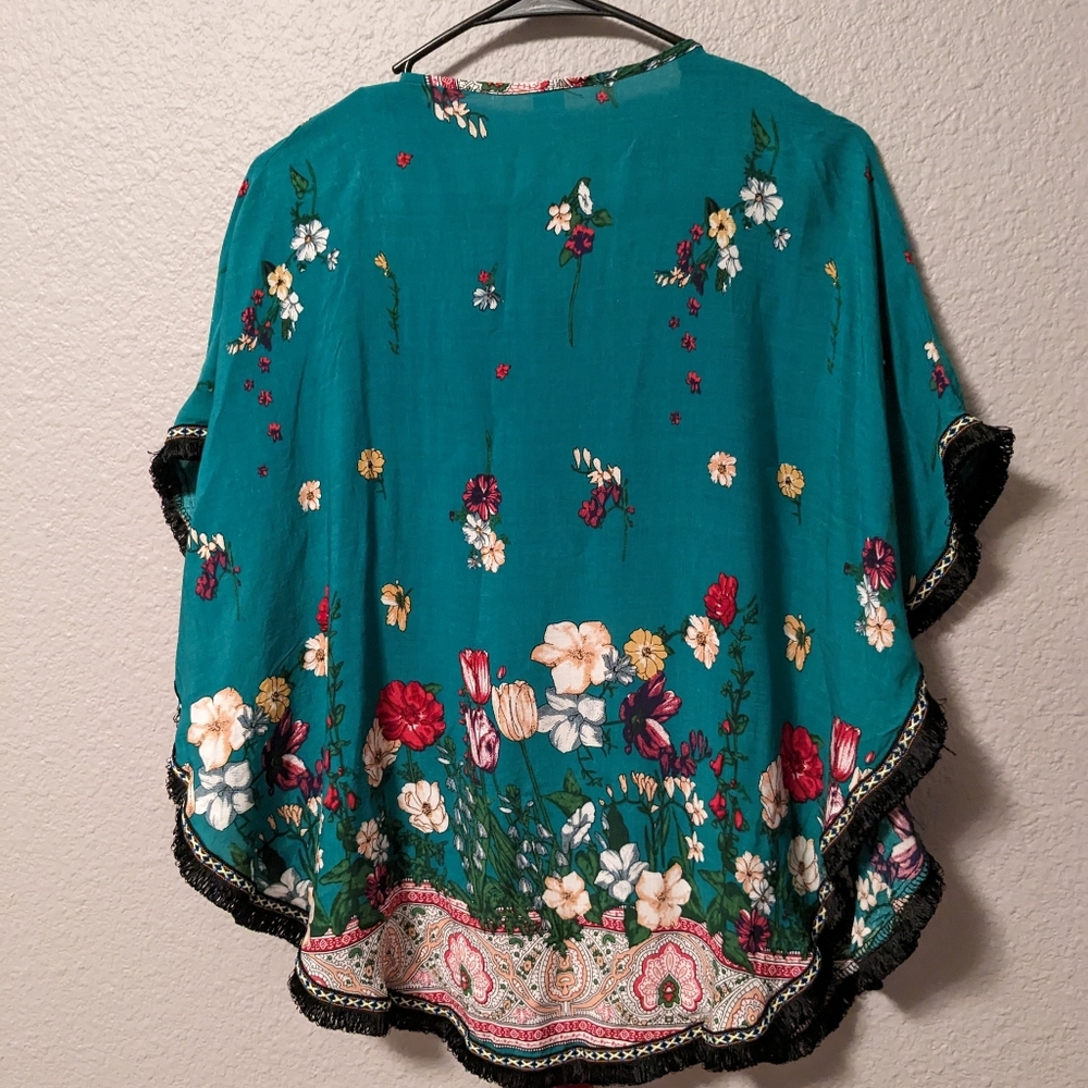 NEW Artisan Colorful Art Turquoise Cape Poncho Top Shawl Floral Embroidery One - Picture 3 of 8